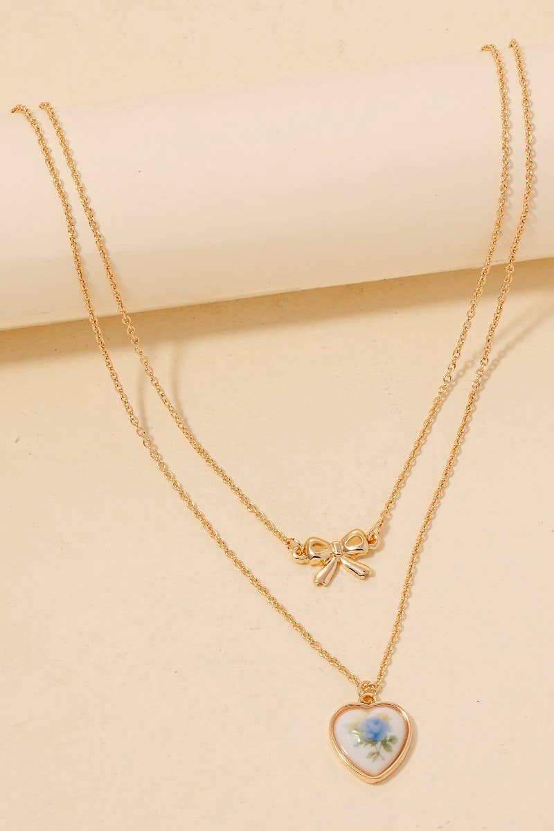 Enamel Floral Heart And Ribbon Bow Layered Chain Necklace