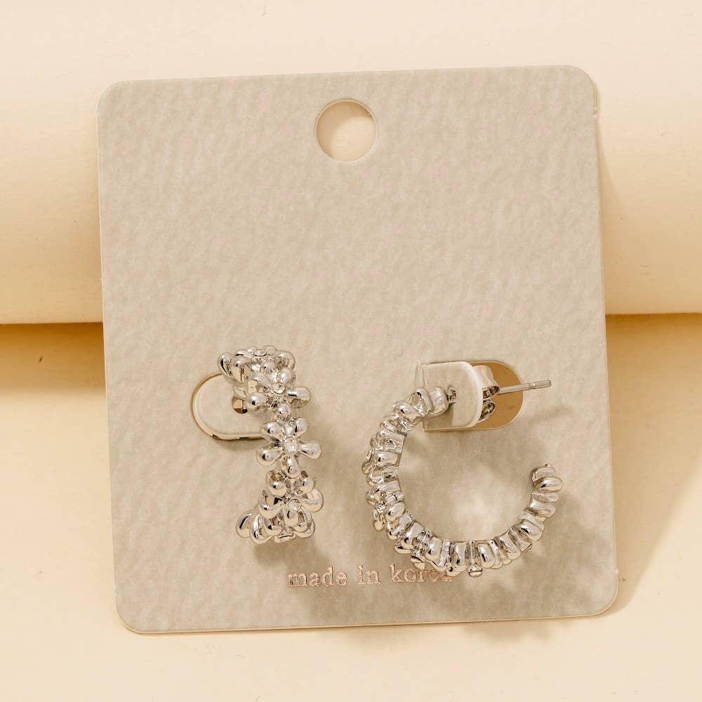 Studded Flower Link Solid Hoop Earrings