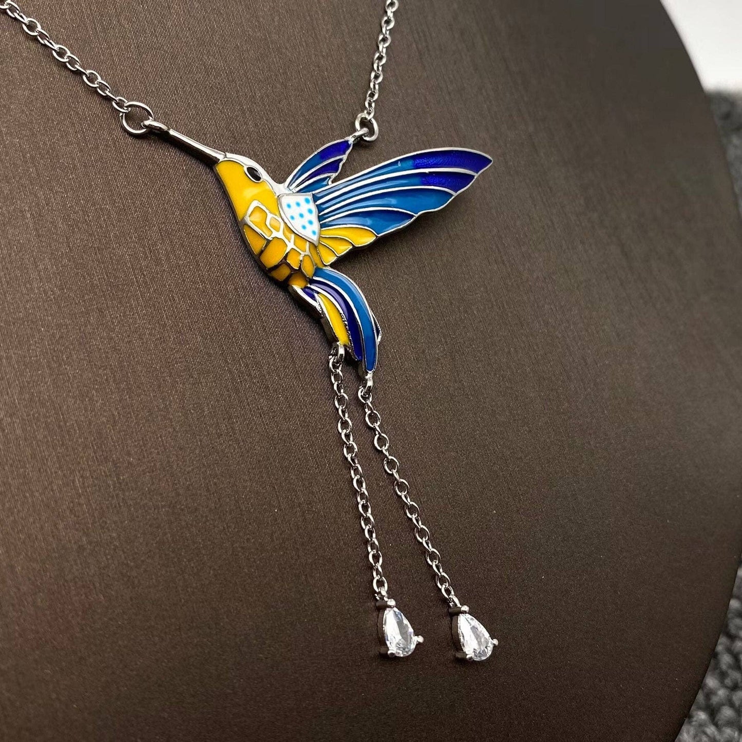 Enamel Hummingbird Charm Pendant Necklace