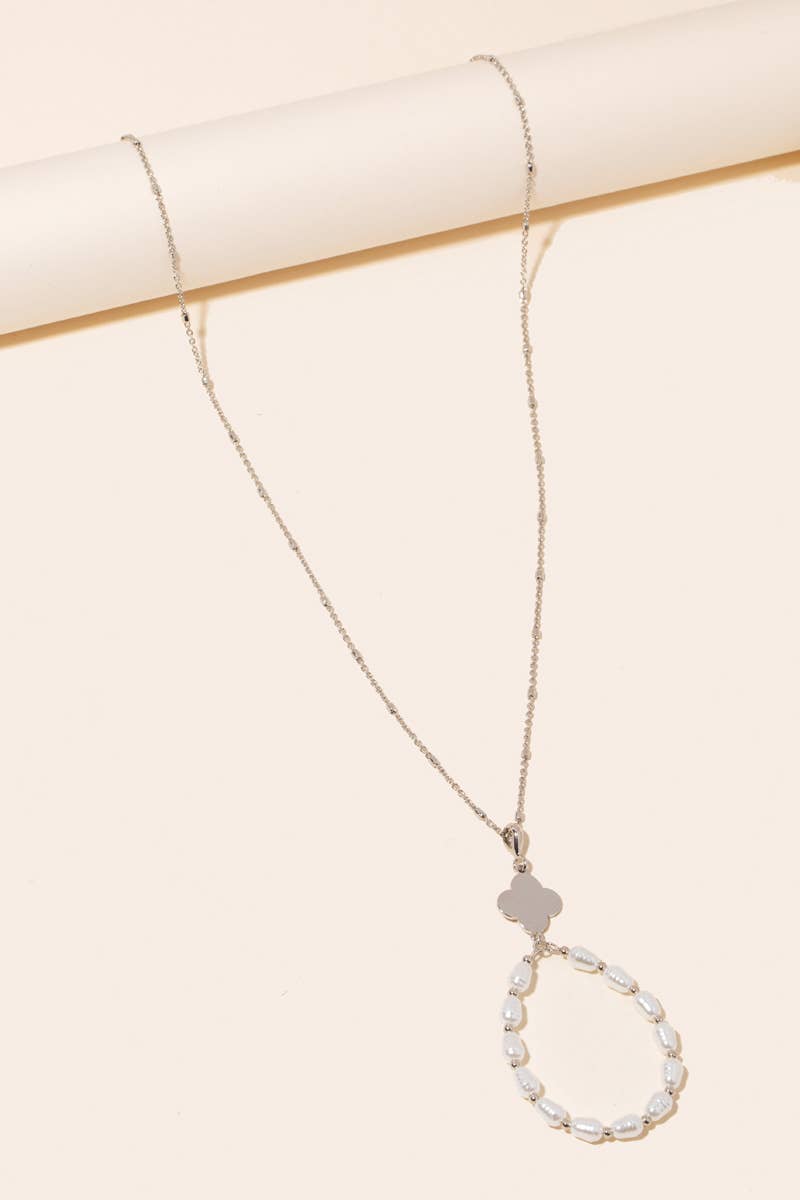 Pearl Beaded Tear And Clover Pendant Long Necklace