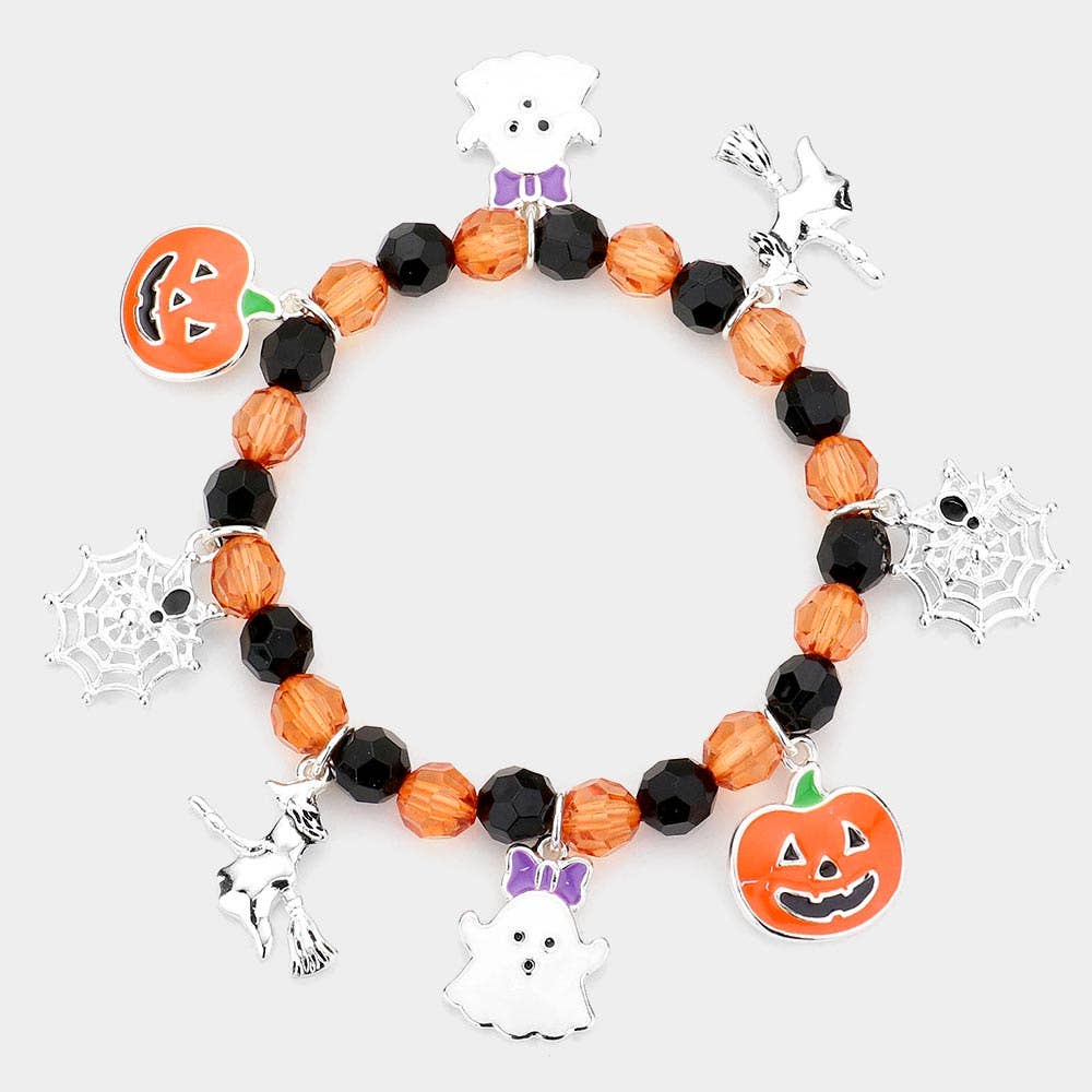 Halloween Ghost Pumpkin Witch Spider Cobweb Enamel Charm Stretch Bracelet