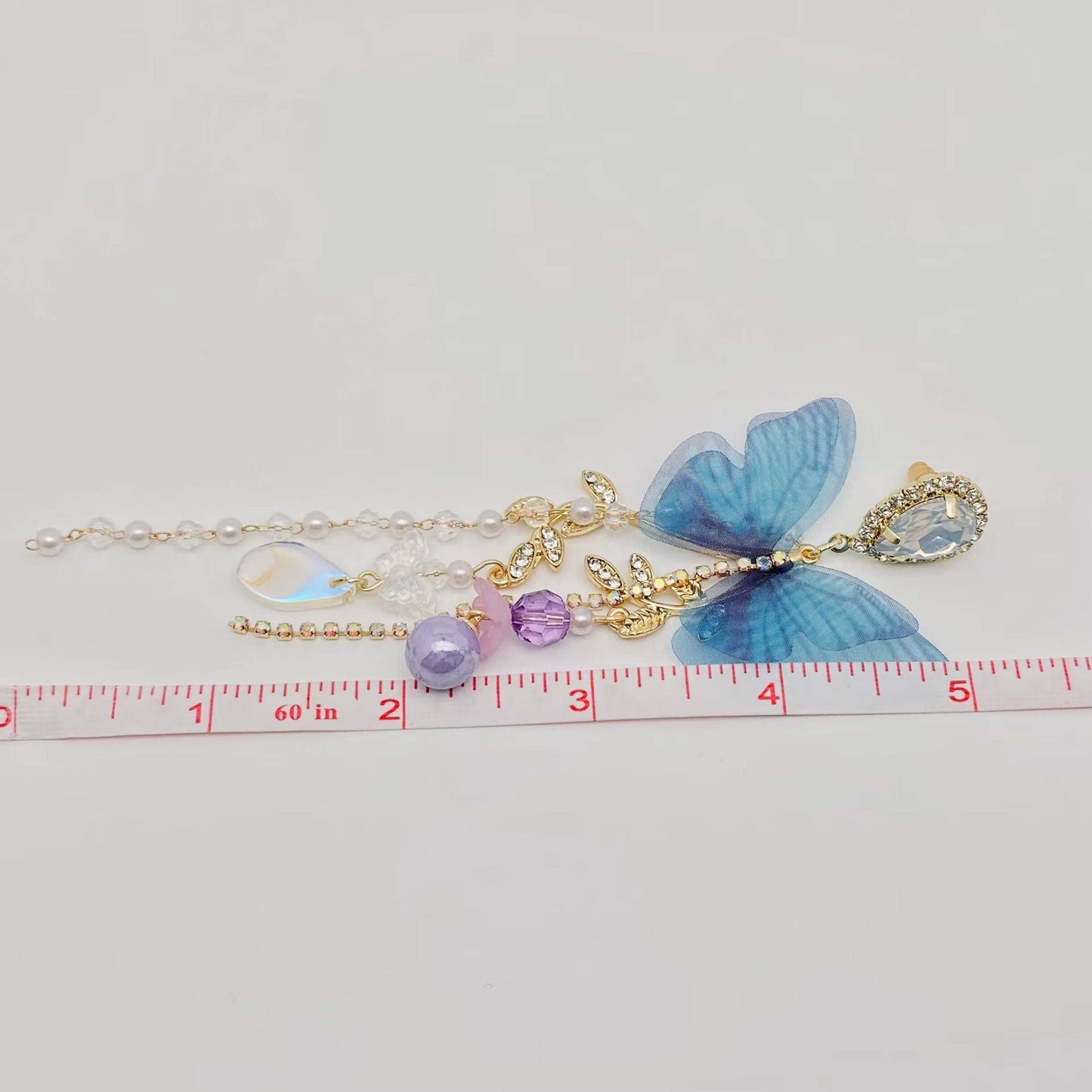 Mesh Butterfly Long Pearl Rhinestone Tassel Earrings