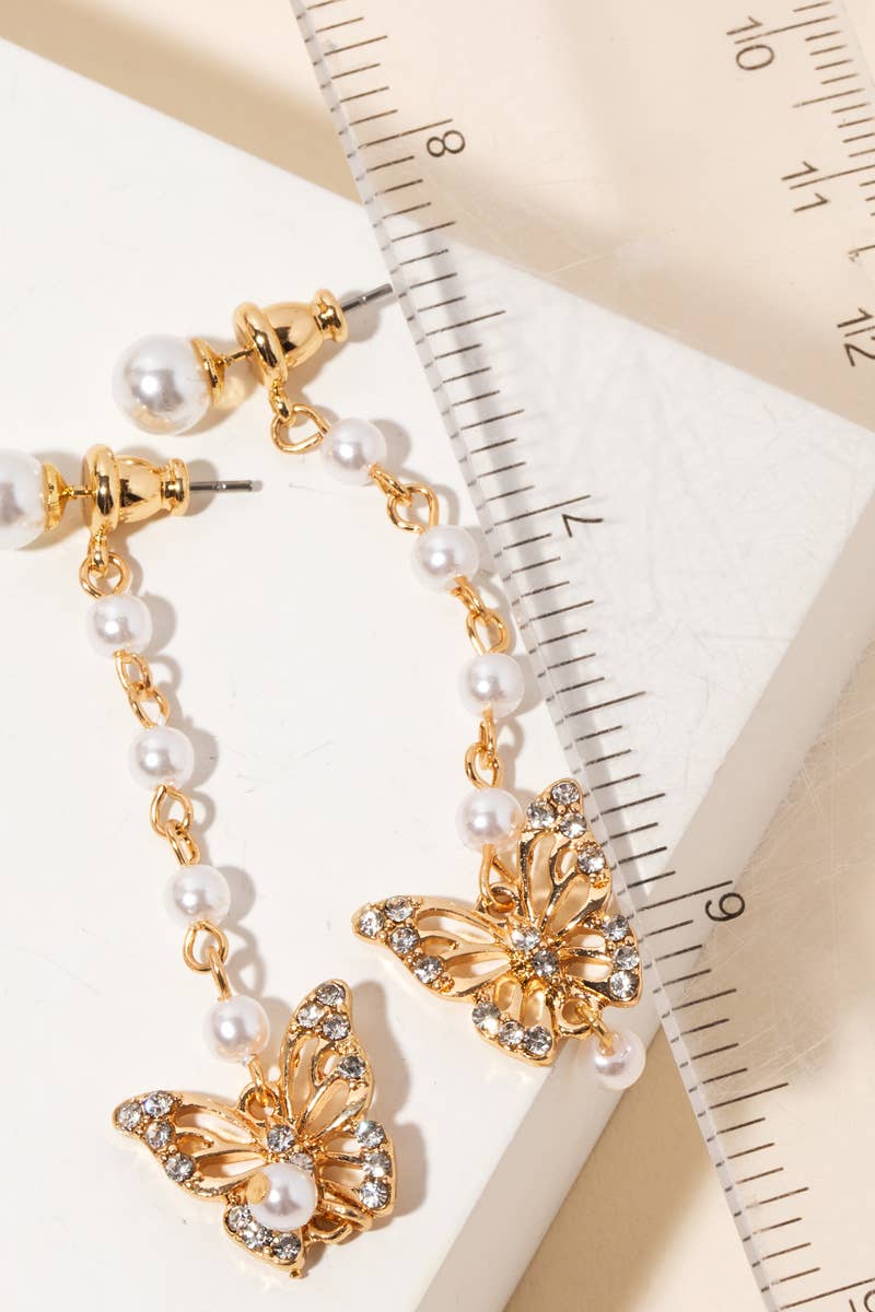 Pave Butterfly And Pearl Chain Dangle Earrings