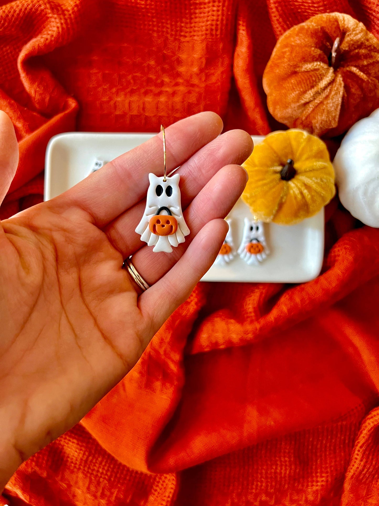 Ghost Cat Clay Earrings, Trick or Treat Earrings, Ghost Stud