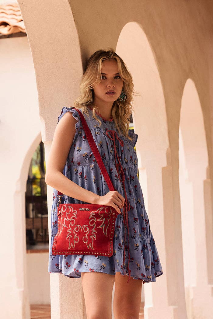 Texas Rose Western Embroidered Leather Bag in Scarlet Red