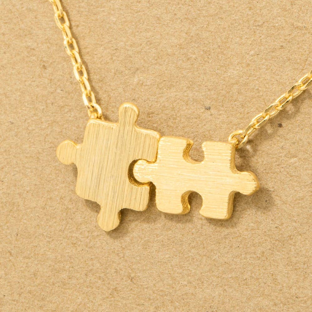 Gold Dipped Brushed Puzzle Piece Pendant Necklace