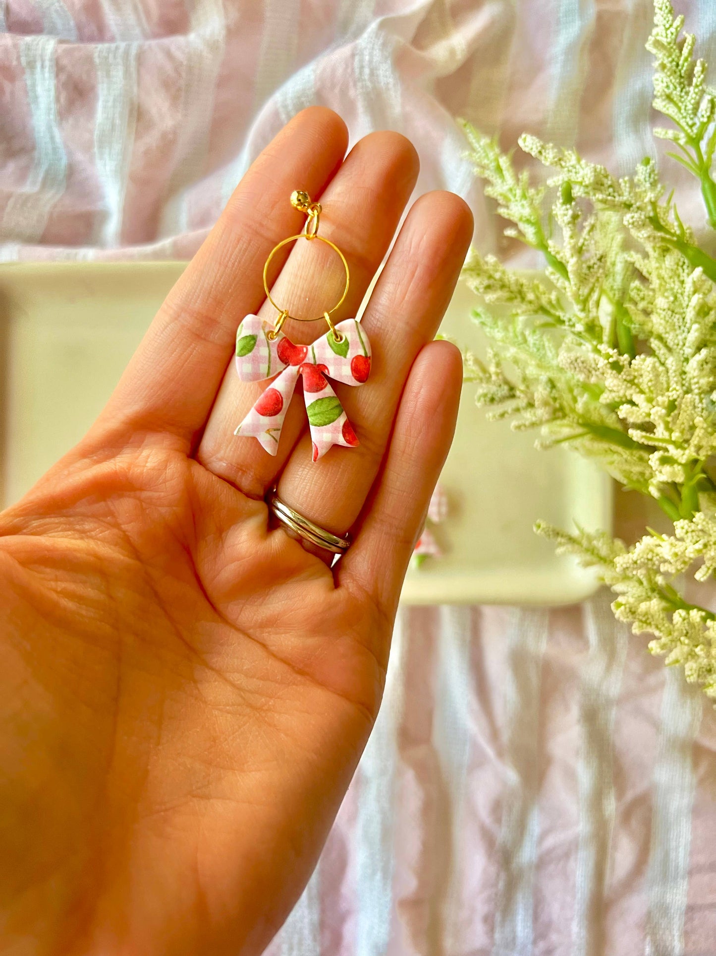 Cherry Bow Earrings, Cherry Clay Earrings, Bow Clay Earrings