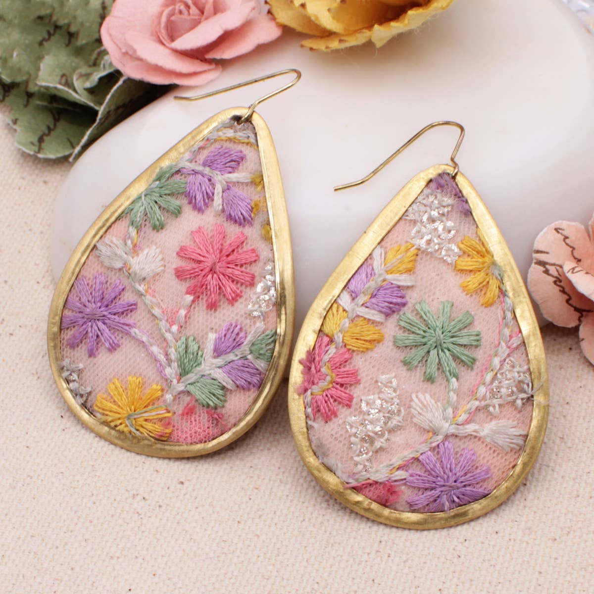 Pastel Pink Floral Embordered Earrings