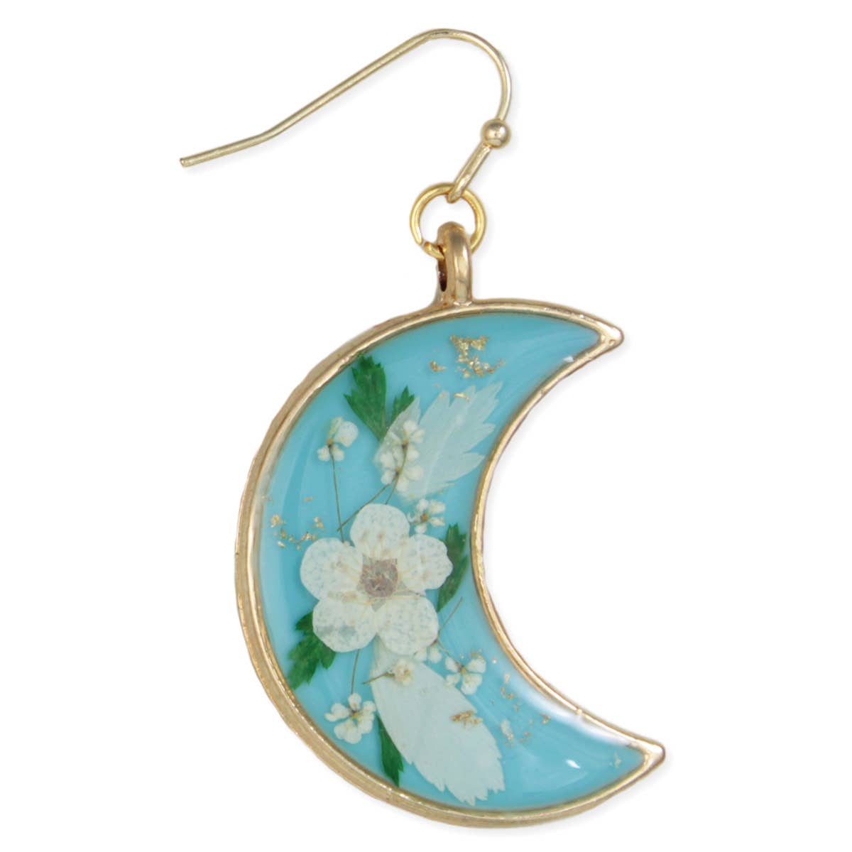 Blue Crescent Moon Dried Flower Gold Earrings