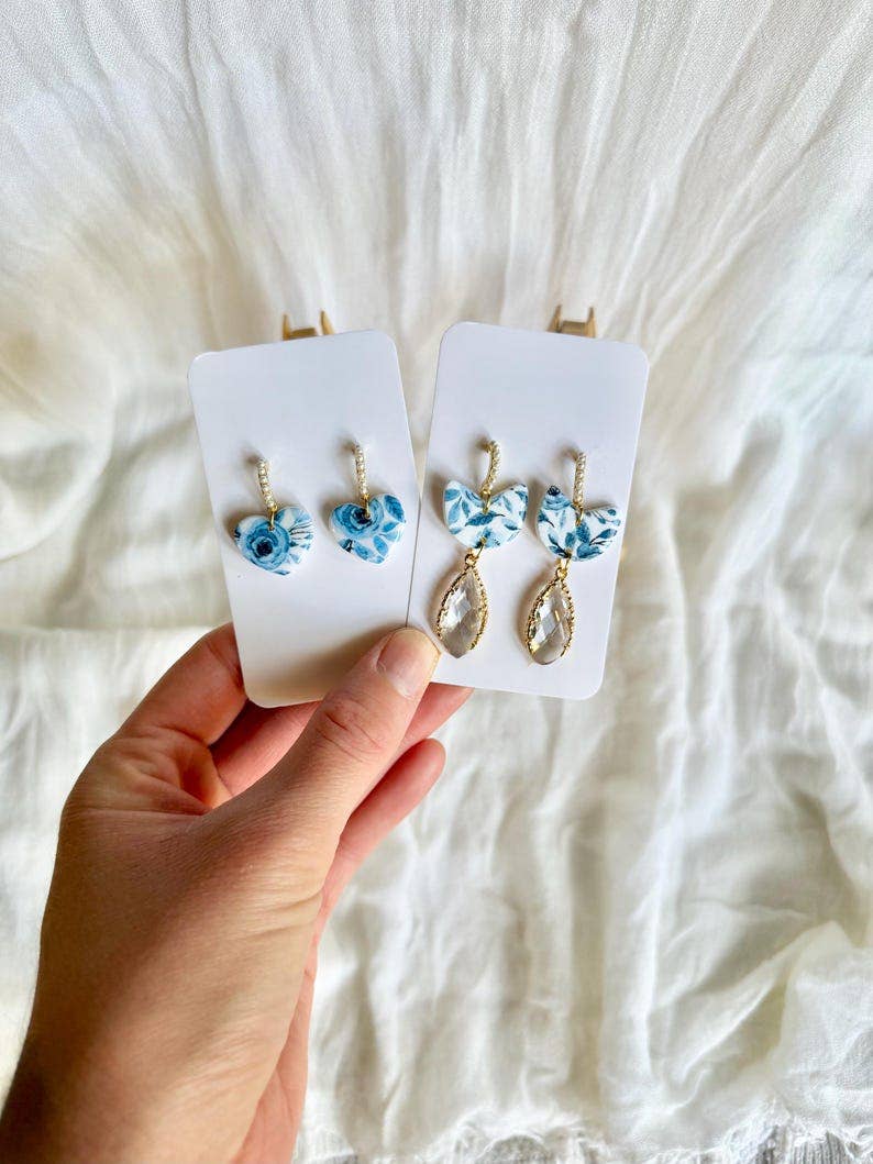 Blue Floral Heart Earrings, Blue Floral Earrings