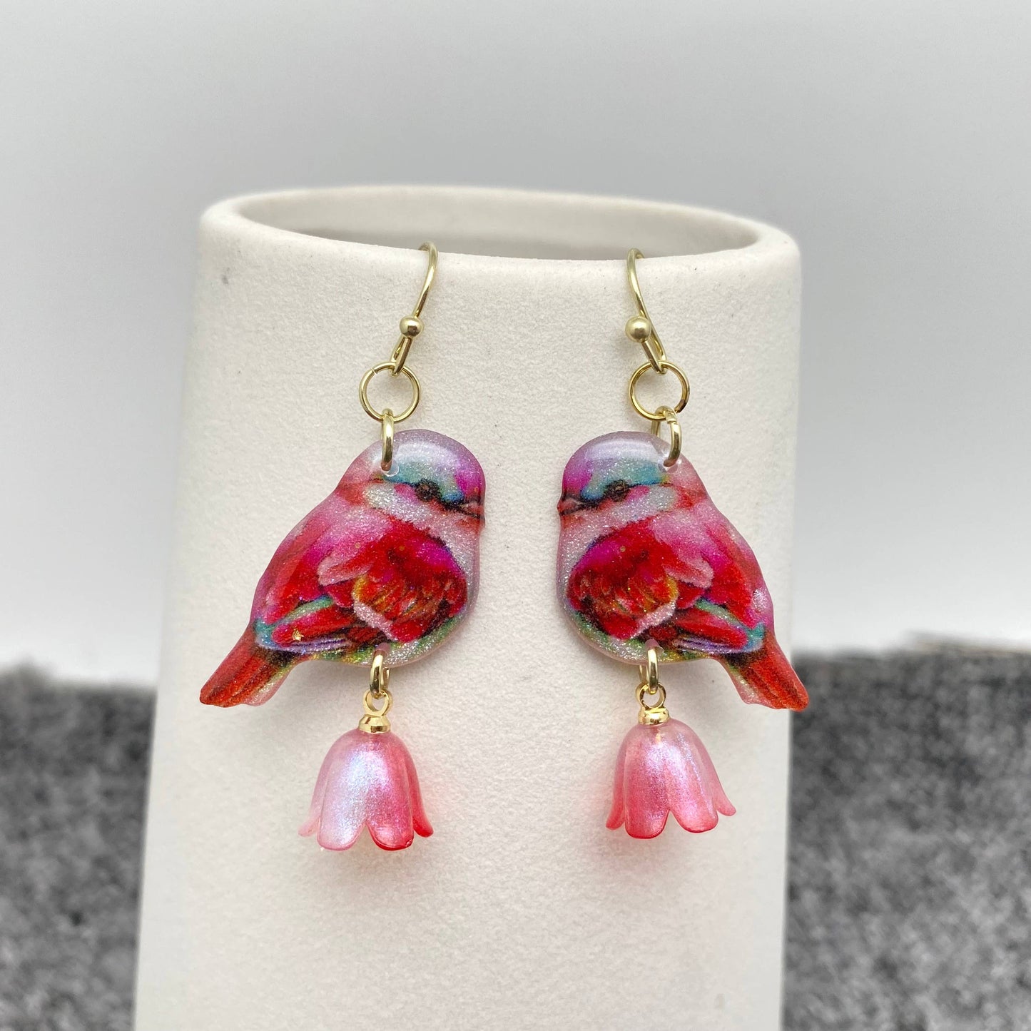Picking Flowers Resin Birds Dangle Earrings