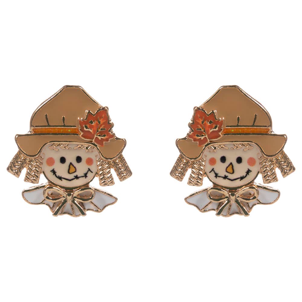 Autumn Smiling Scarecrow Face Stud Earrings