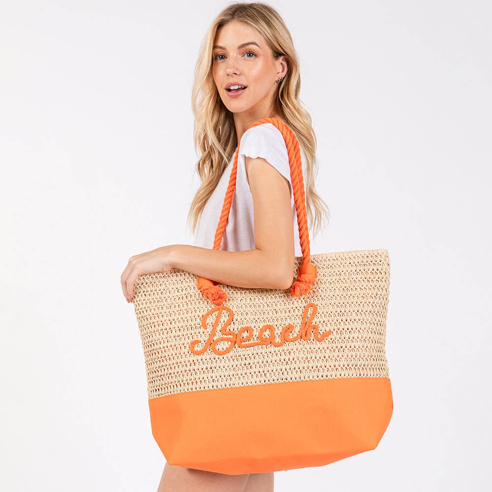 BEACH Message Embroidered Rope Handle Crochet Tote Bag