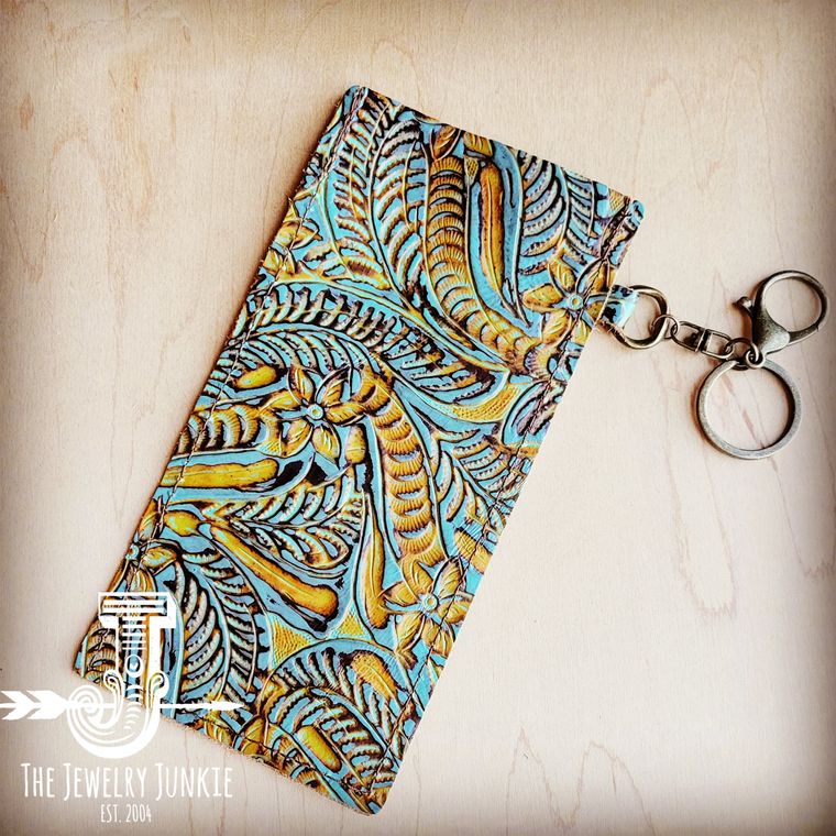 Embossed Leather Sunglasses Case w/ Keychain-Dallas Turquoise 100u