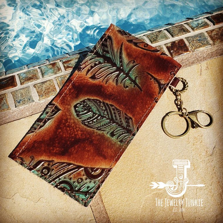Embossed Leather Sunglasses Case w/ Keychain-Turquoise Feather 100h