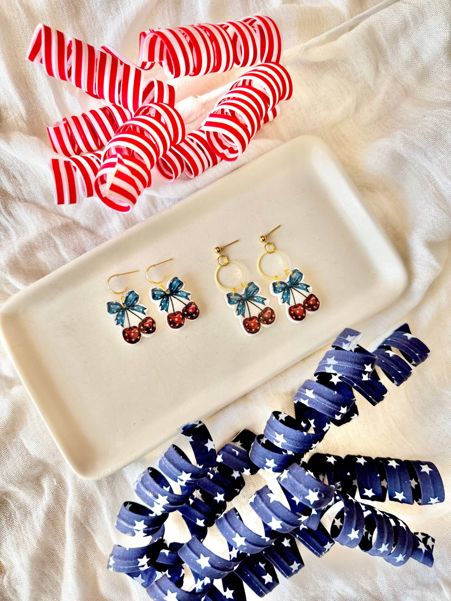 Patriotic Cherry Clay Earrings, Stars and Stripes Earrings