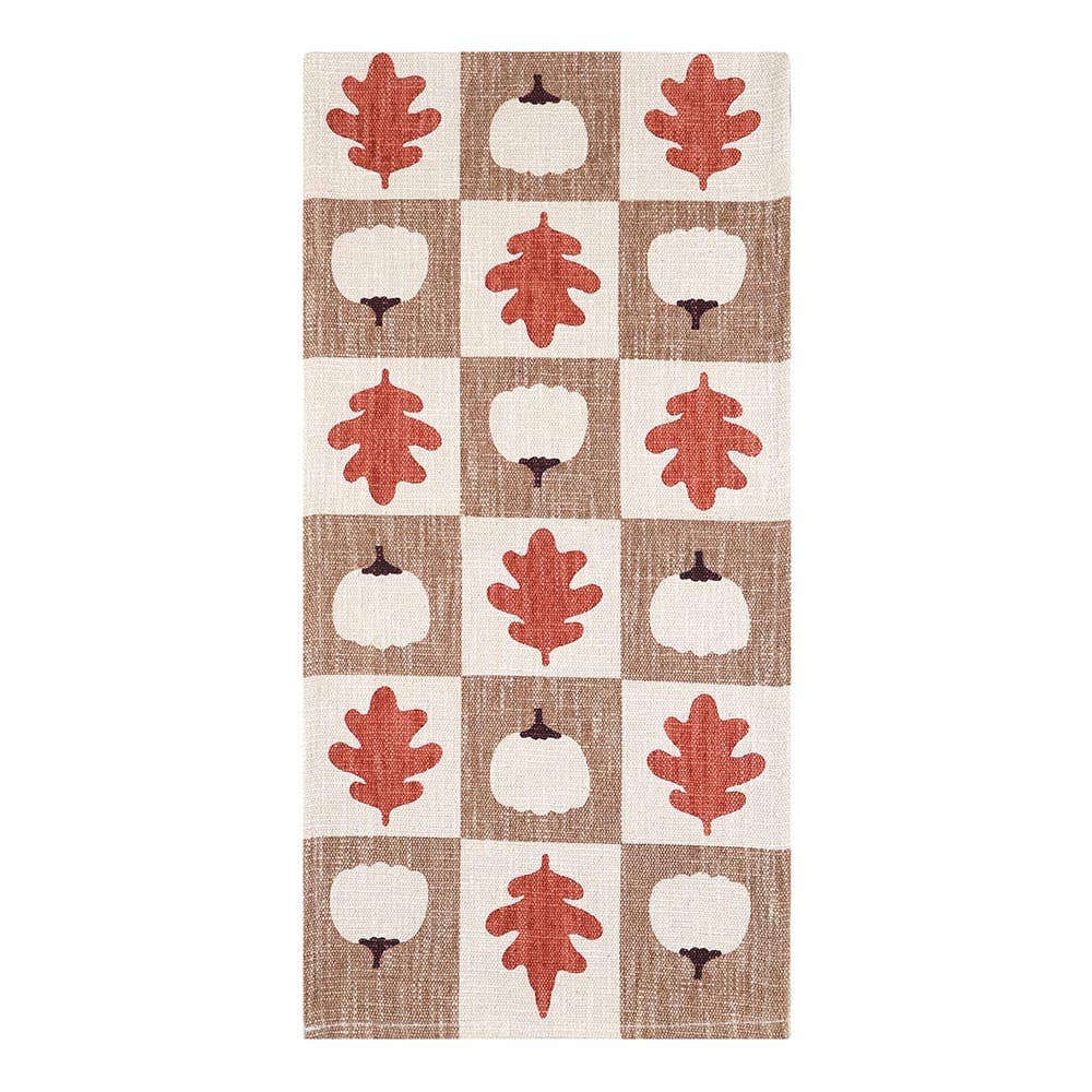 Fall Autumn Pumpkin Leaf Checkered Pattern Printed Table Runner