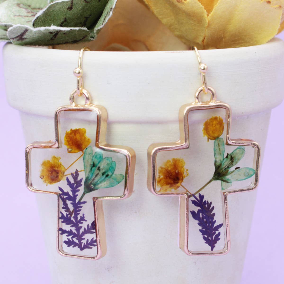 Gold Cross Dried Flower Earrings