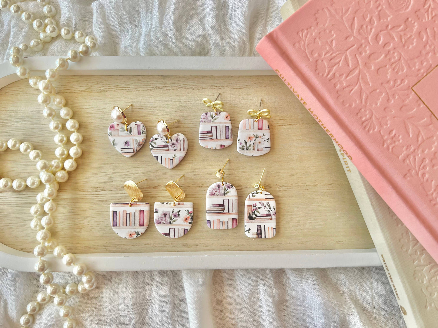 Bookshelf Earrings, Book Clay Earrings, Book Heart Earrings