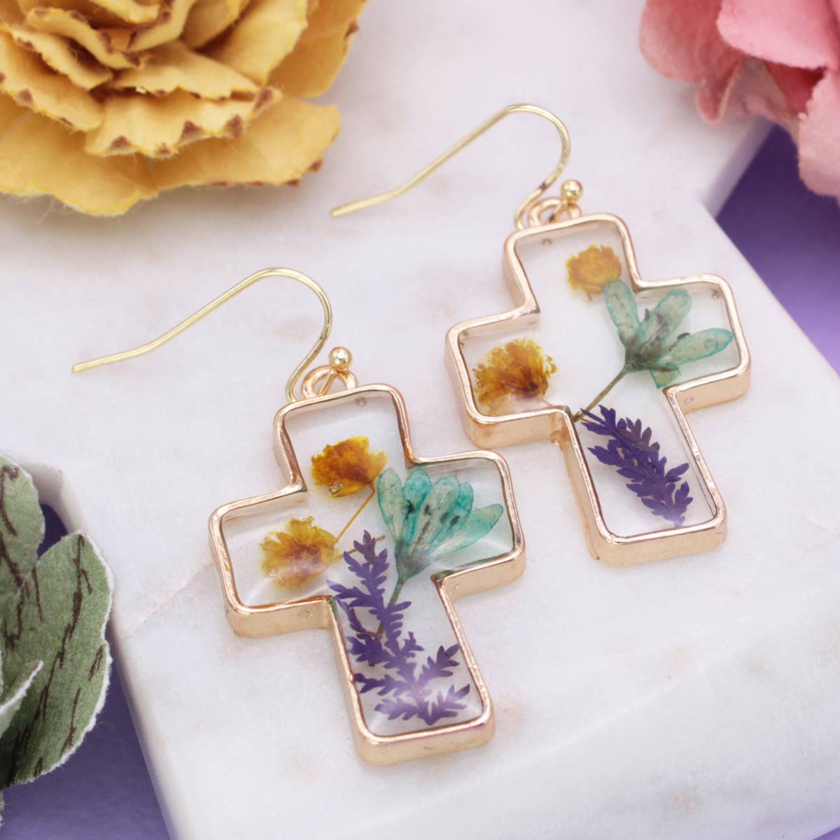 Gold Cross Dried Flower Earrings