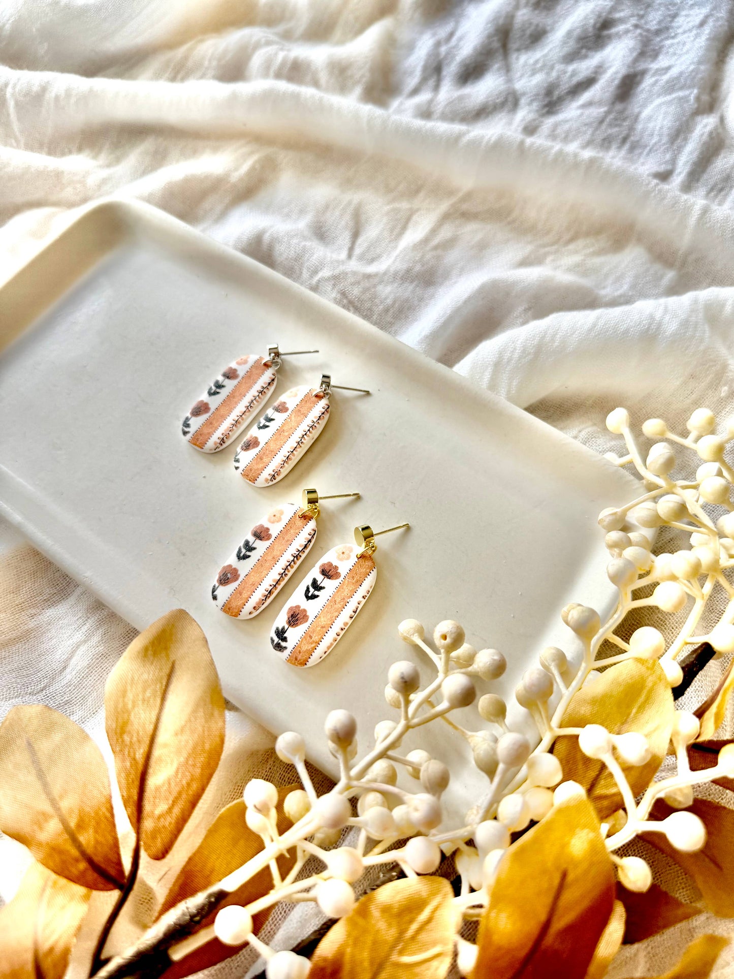Fall Floral Earrings, Fall Clay Earrings, Neutral Earrings