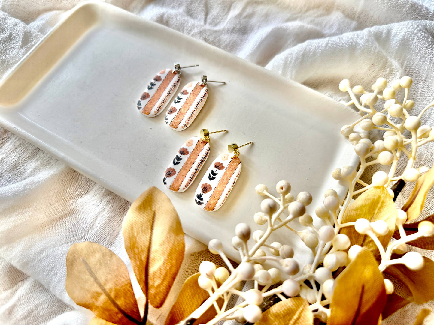 Fall Floral Earrings, Fall Clay Earrings, Neutral Earrings