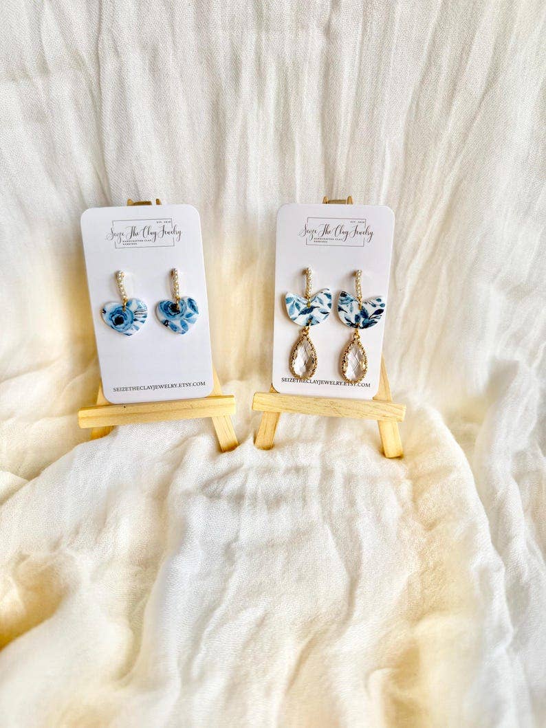 Blue Floral Heart Earrings, Blue Floral Earrings