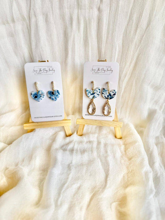 Blue Floral Heart Earrings, Blue Floral Earrings