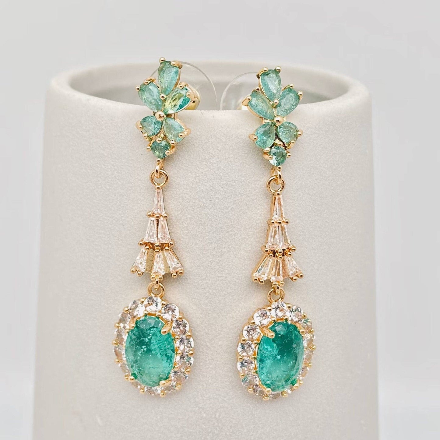 Green Mix White Cubic Zirconia 925 Silver Post Earrings