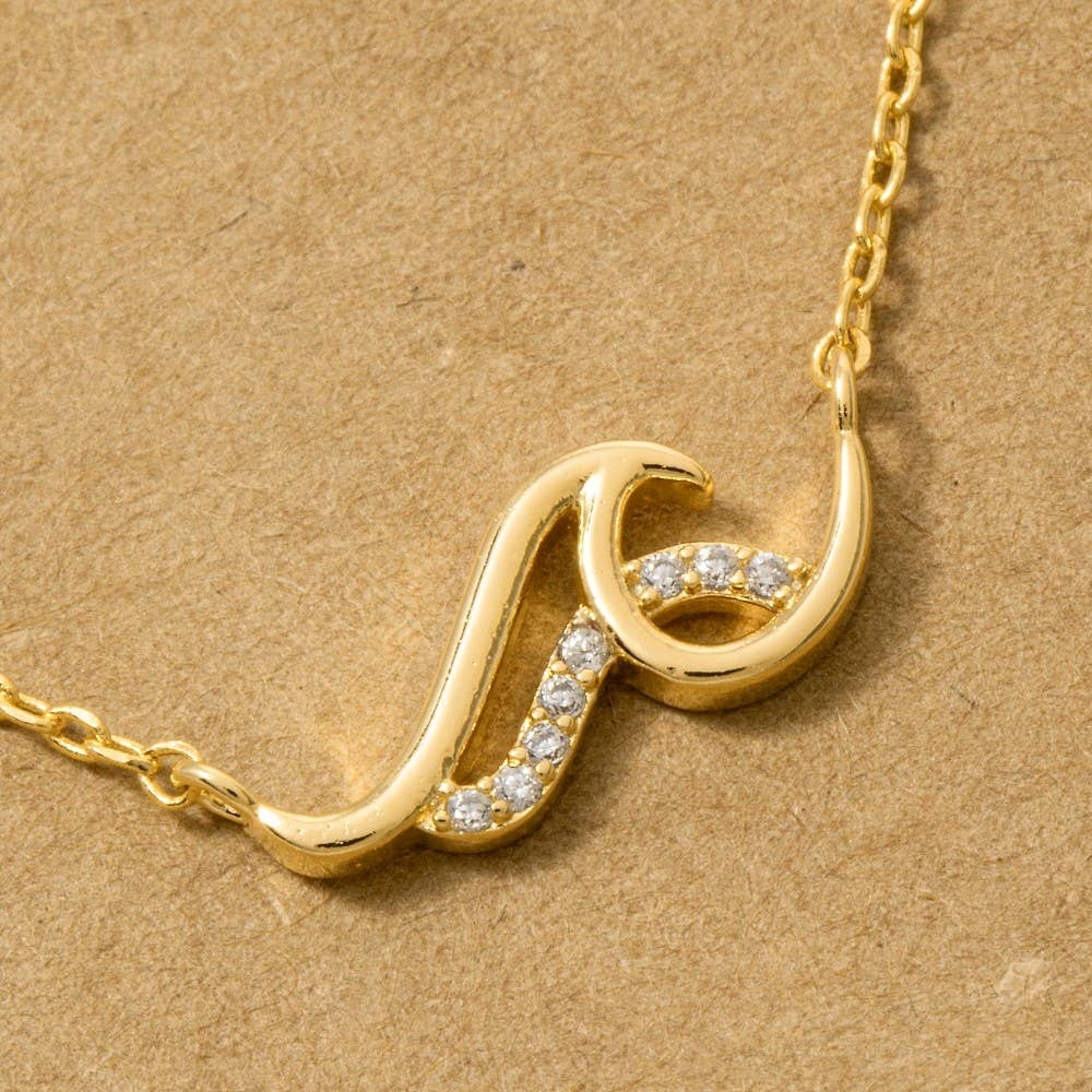 Gold Dipped Cz Pave Wave Pendant Necklace