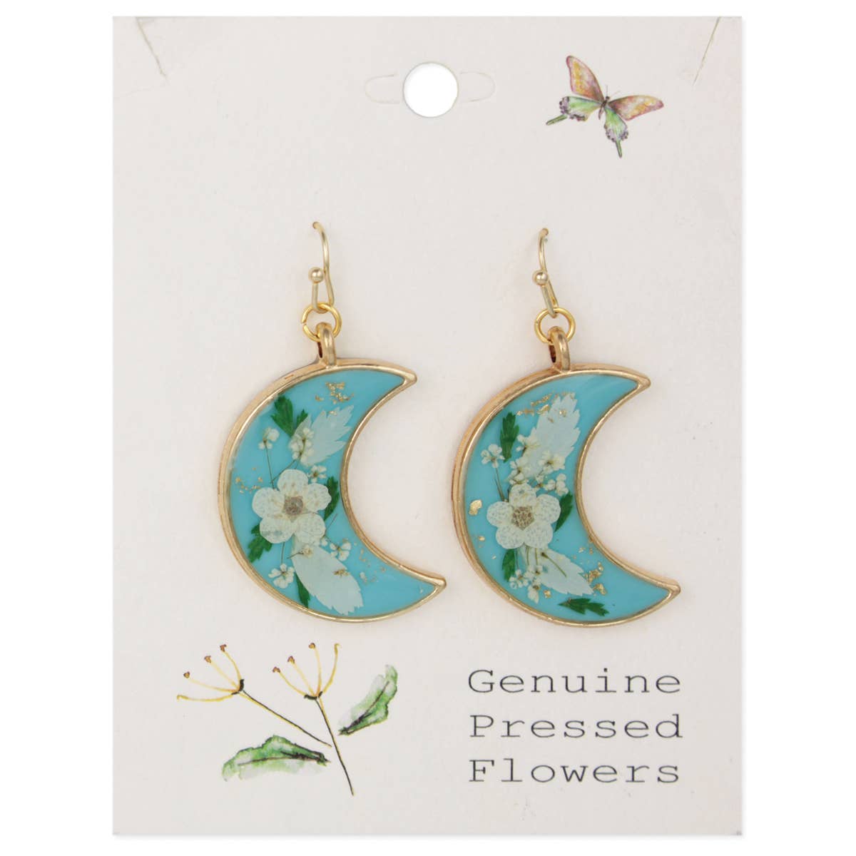 Blue Crescent Moon Dried Flower Gold Earrings