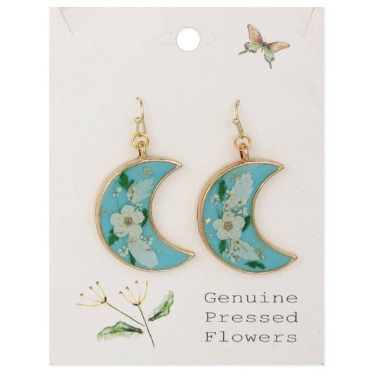 Blue Crescent Moon Dried Flower Gold Earrings