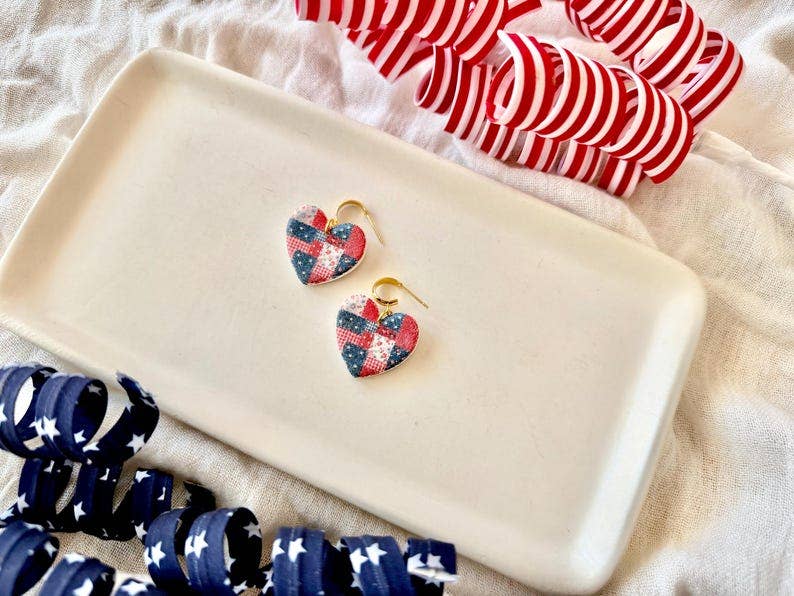 Patchwork Heart Earrings, Patriotic Heart Earrings, Heart Clay Earrings, Patriotic Earrings, July Fourth Earrings, July Clay Earrings