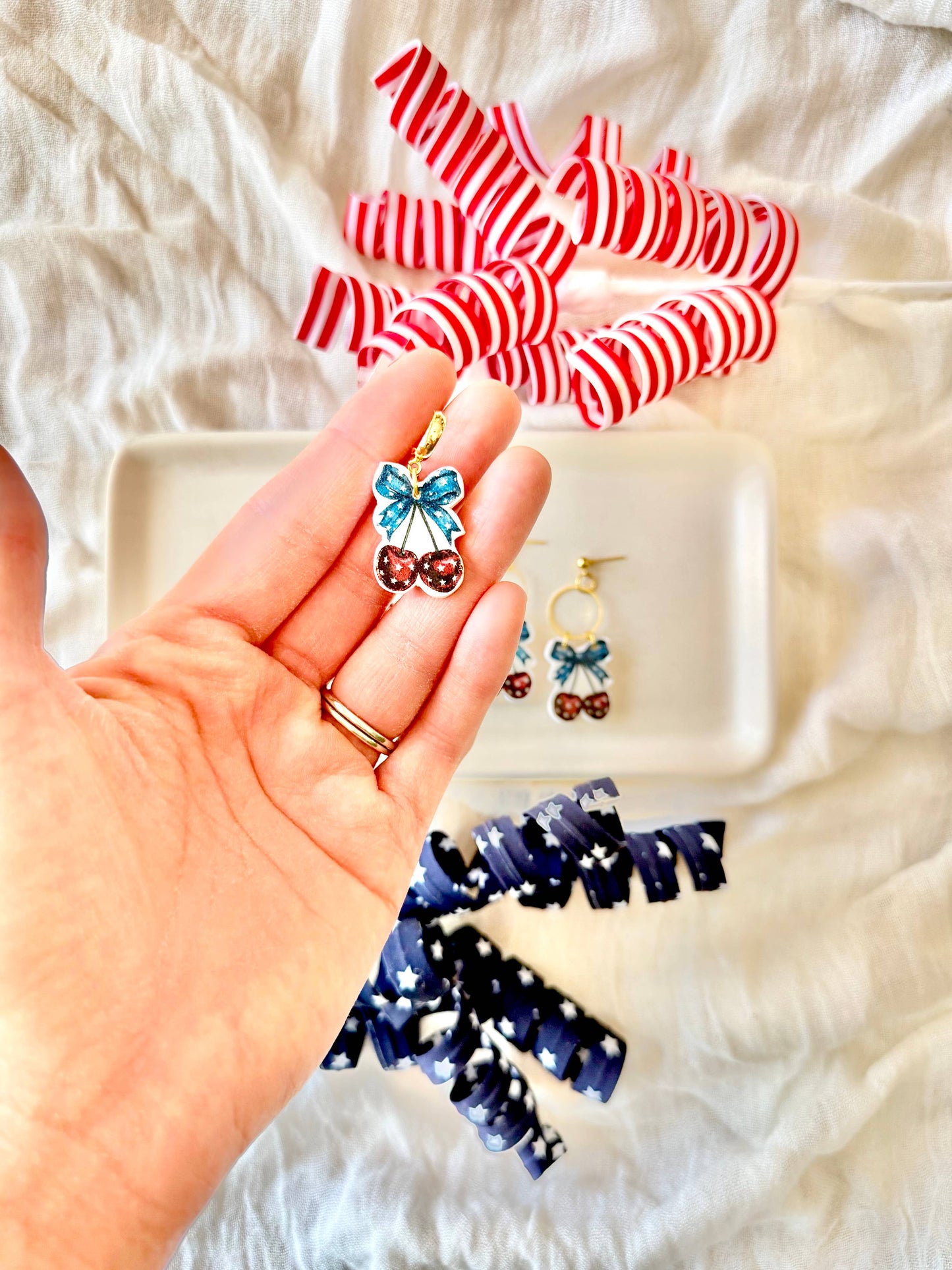 Patriotic Cherry Clay Earrings, Stars and Stripes Earrings