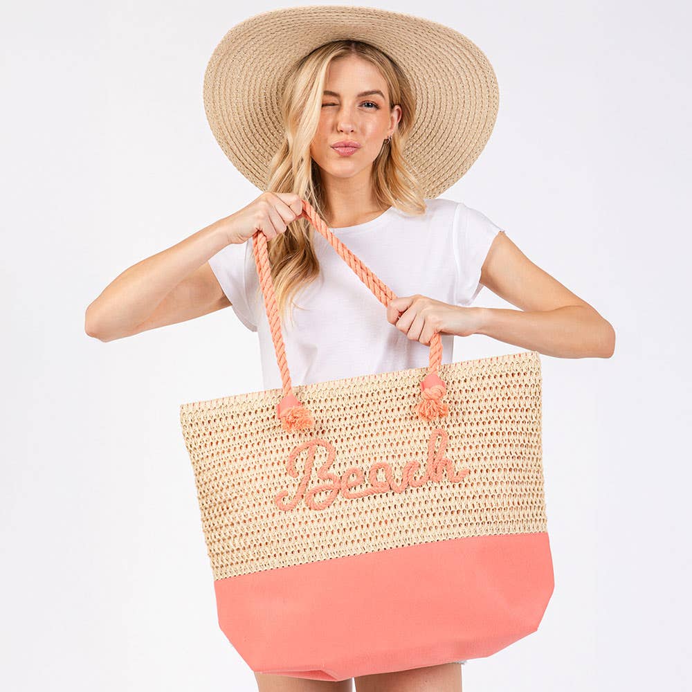 BEACH Message Embroidered Rope Handle Crochet Tote Bag