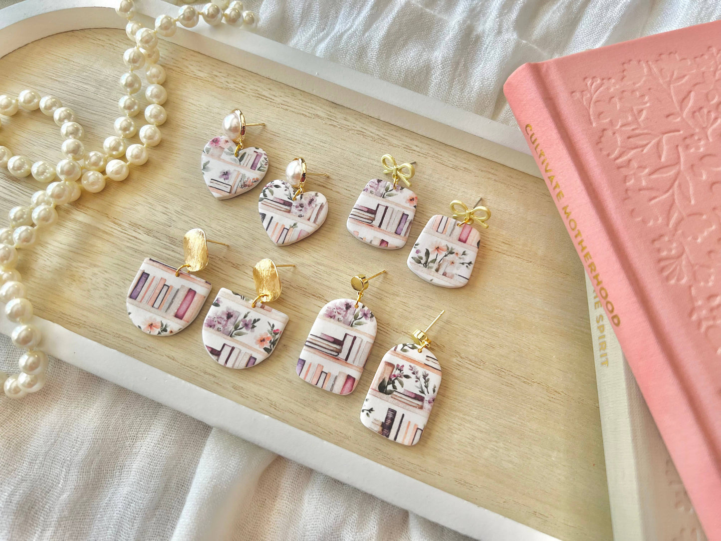 Bookshelf Earrings, Book Clay Earrings, Book Heart Earrings