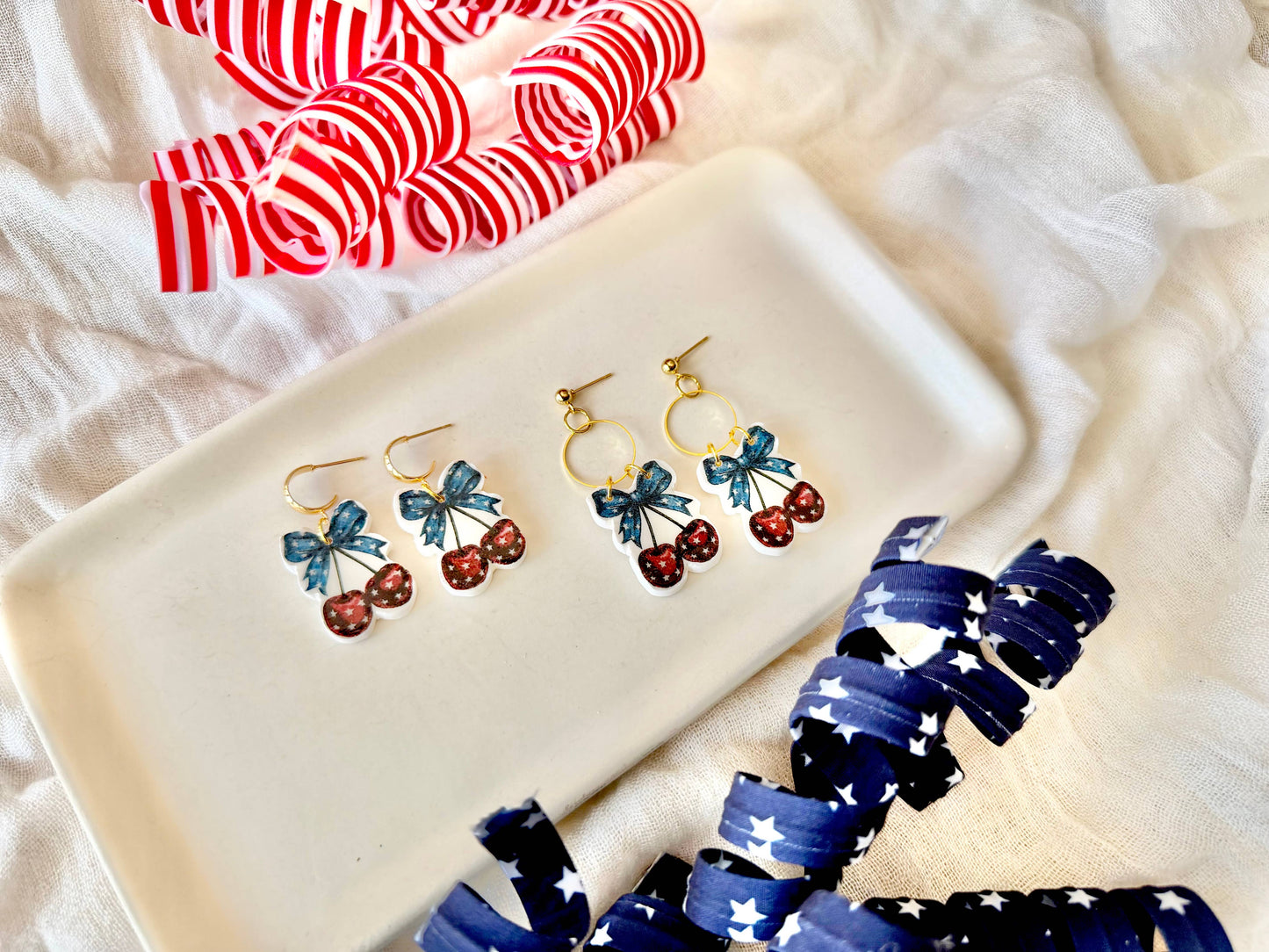 Patriotic Cherry Clay Earrings, Stars and Stripes Earrings