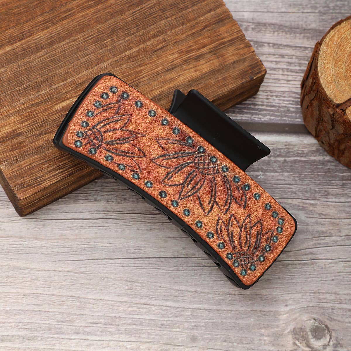 LEATHER SUNFLOWER PATTERN WESTERN HAIR CLAW CLIPS_CWASC1622