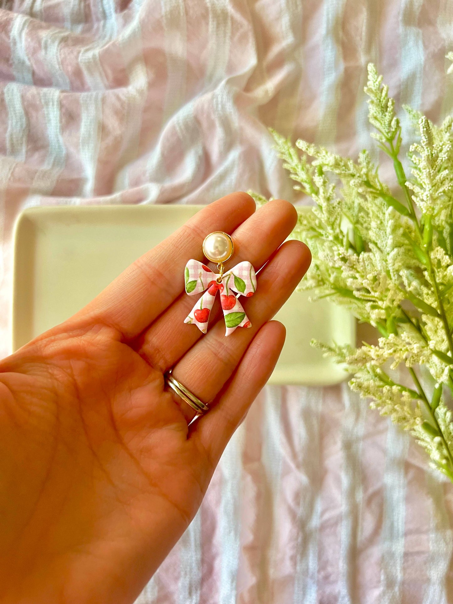 Cherry Bow Earrings, Cherry Clay Earrings, Bow Clay Earrings