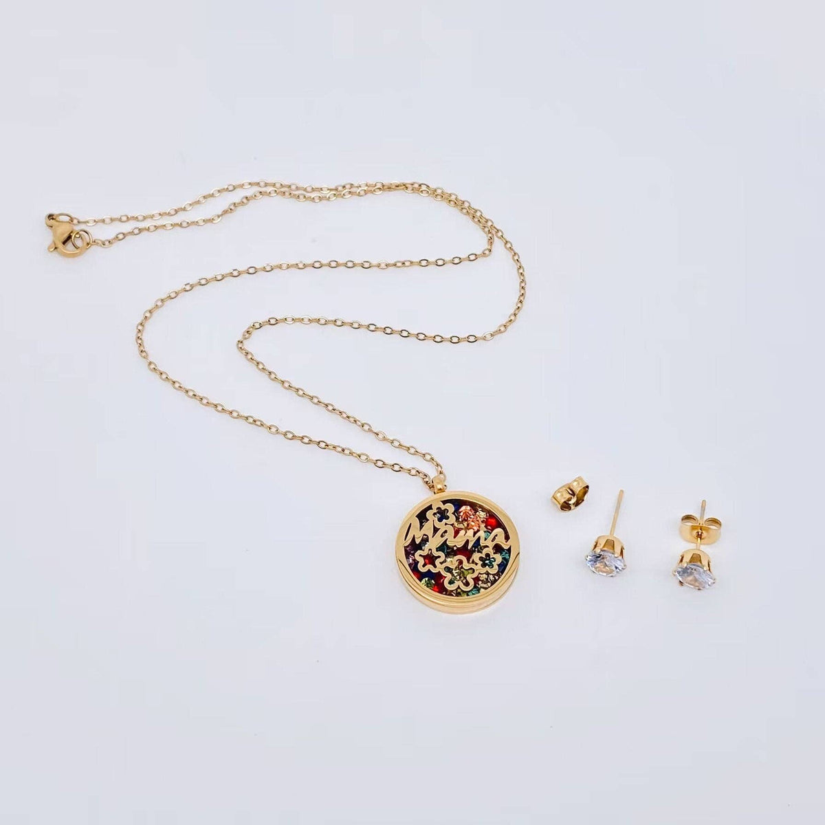 Mama 18K Gold Plated Stainless Steel Necklace and Ear Studs