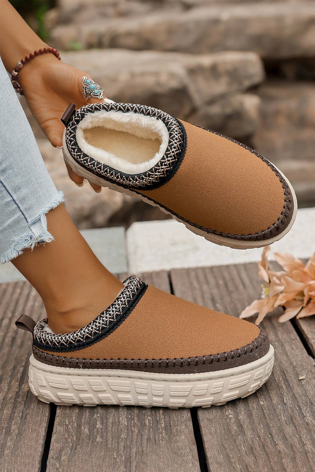 Contrast Stitch Detail Suede PU Plush Slippers | US7-10