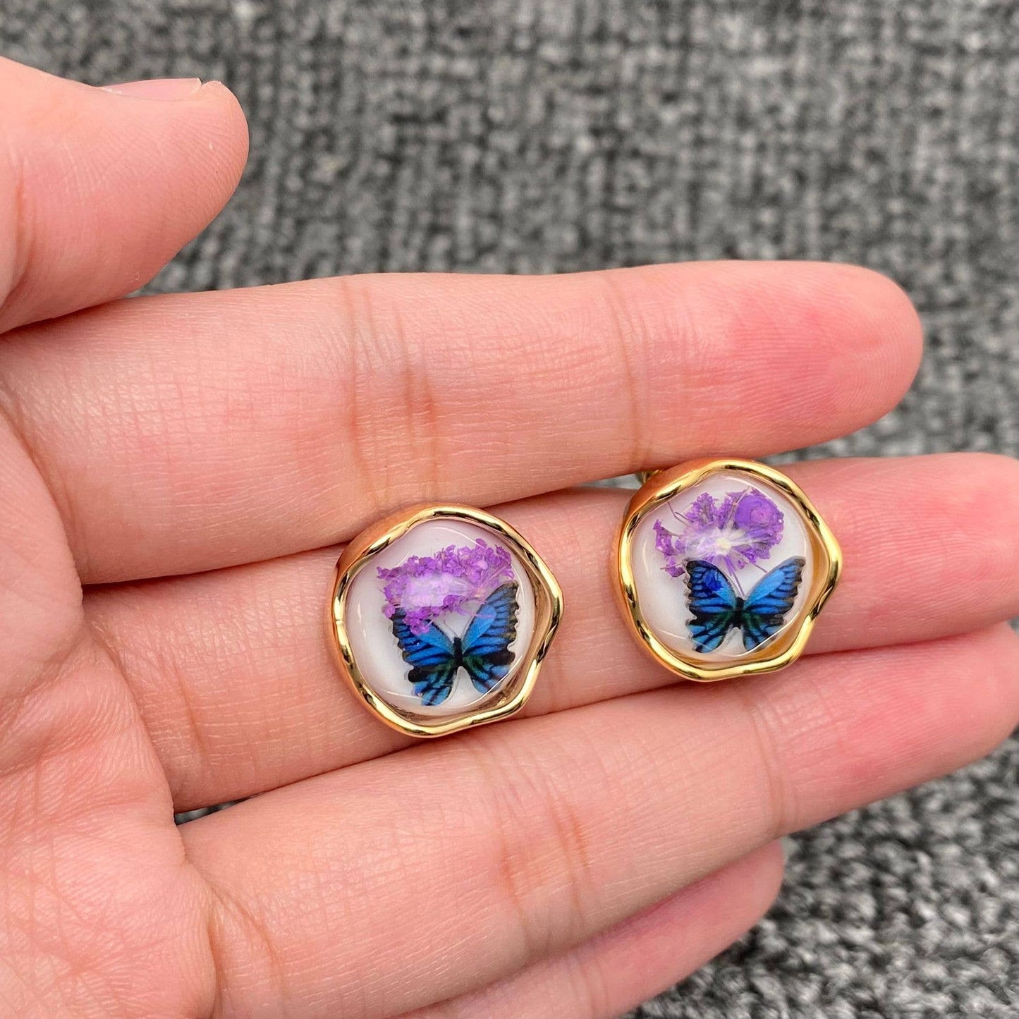 Dried Flowers Butterfly 18K Matte Gold Plated Ear Studs -PDF