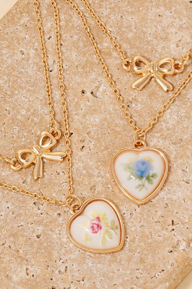 Enamel Floral Heart And Ribbon Bow Layered Chain Necklace