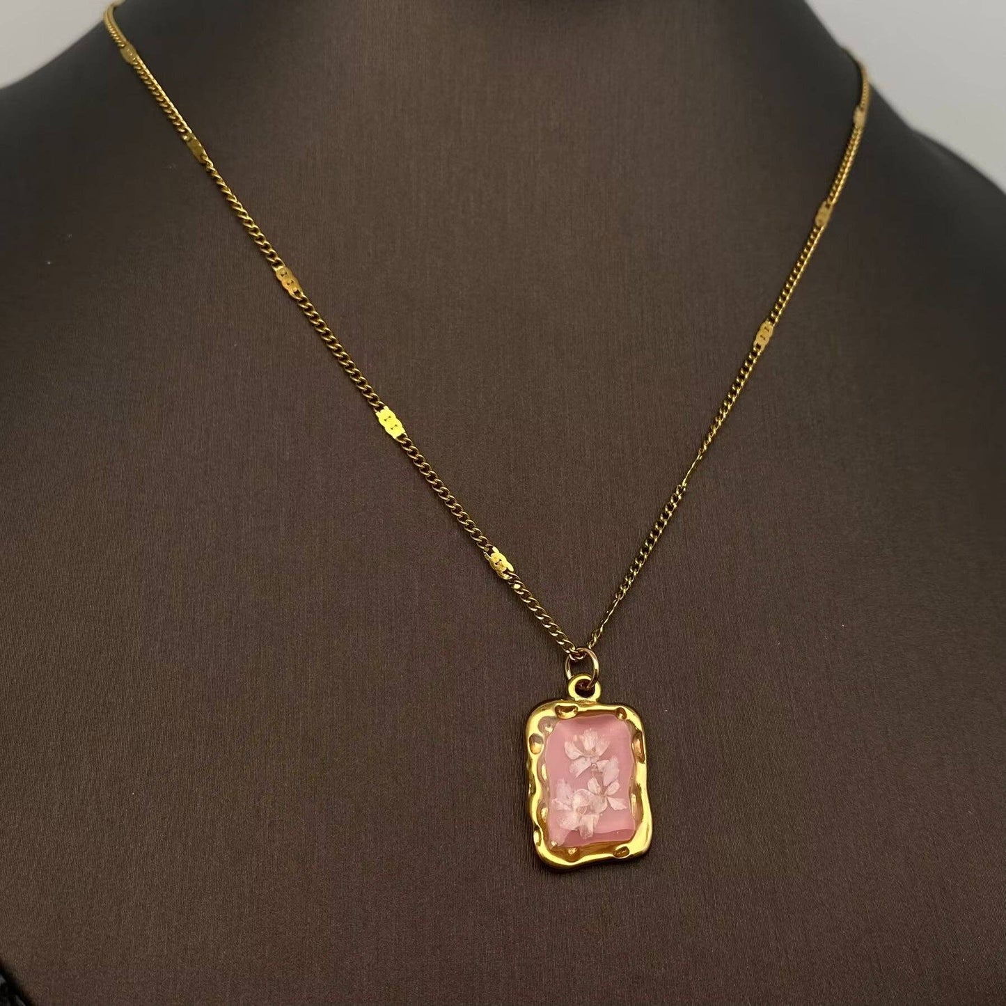 18K Gold Plated SS Dried Flowers Charm Necklace - FGS/PDF