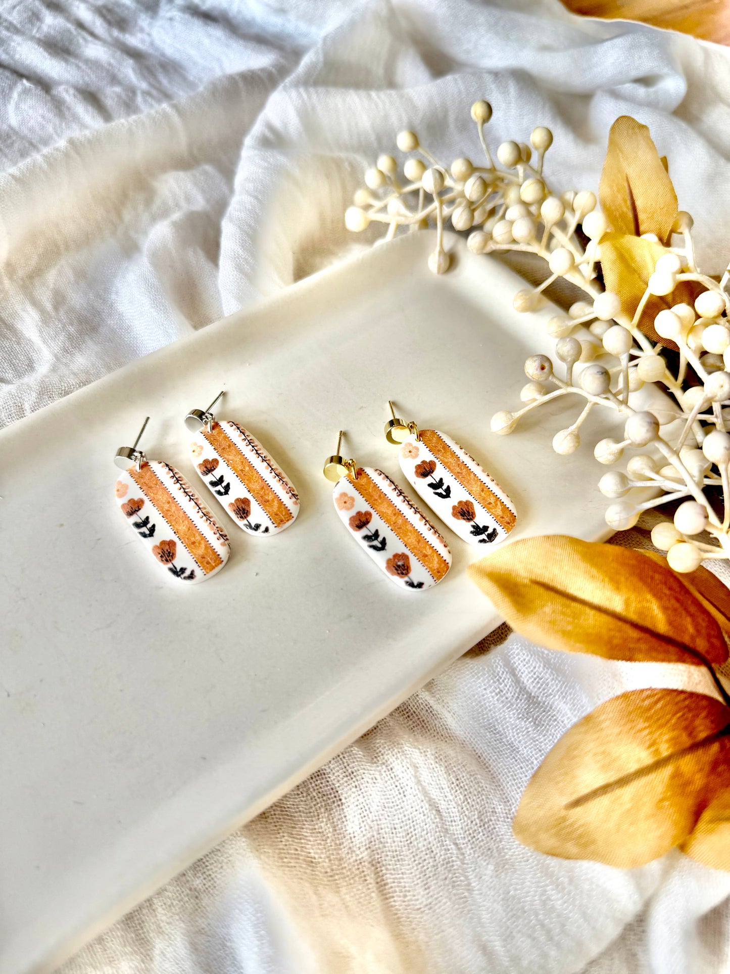 Fall Floral Earrings, Fall Clay Earrings, Neutral Earrings