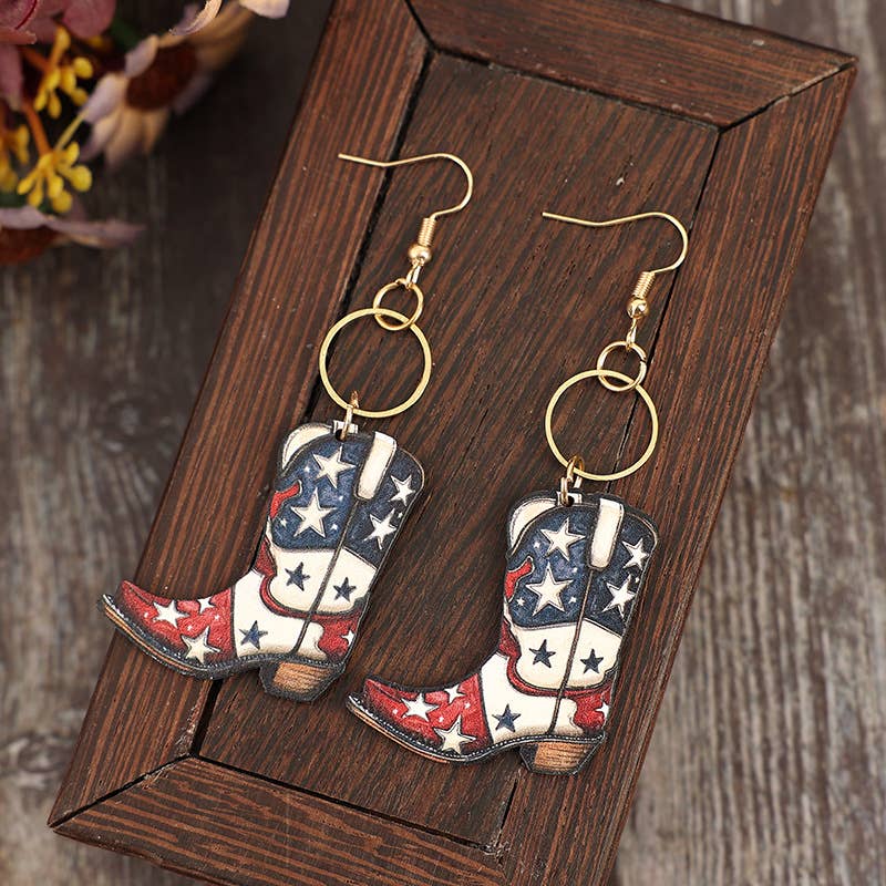 USA Vintage Western Boots Pentagram Wooden Earrings SP529