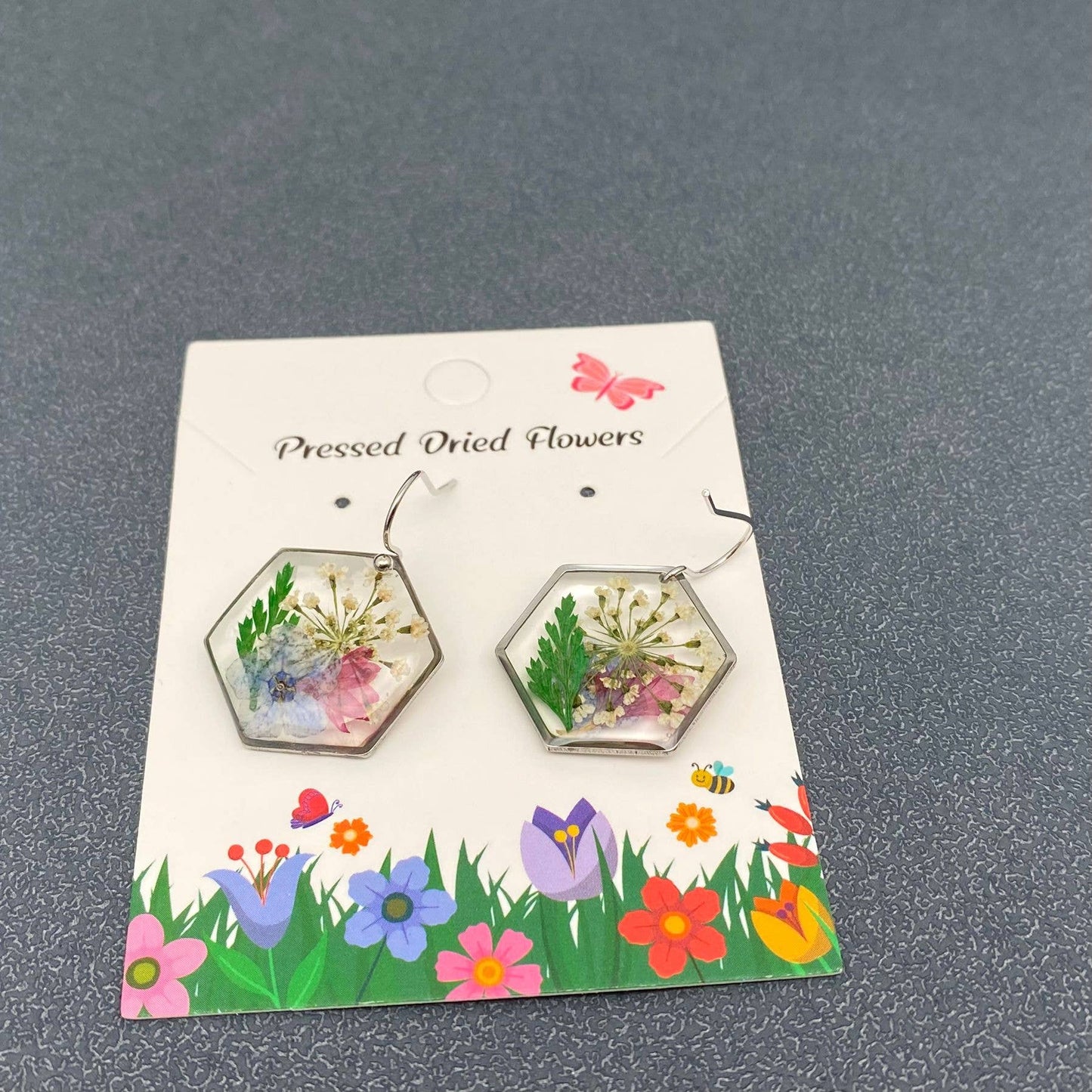 PDF - Genuine Pressed Dried Flower Hexagon Charm Earrings