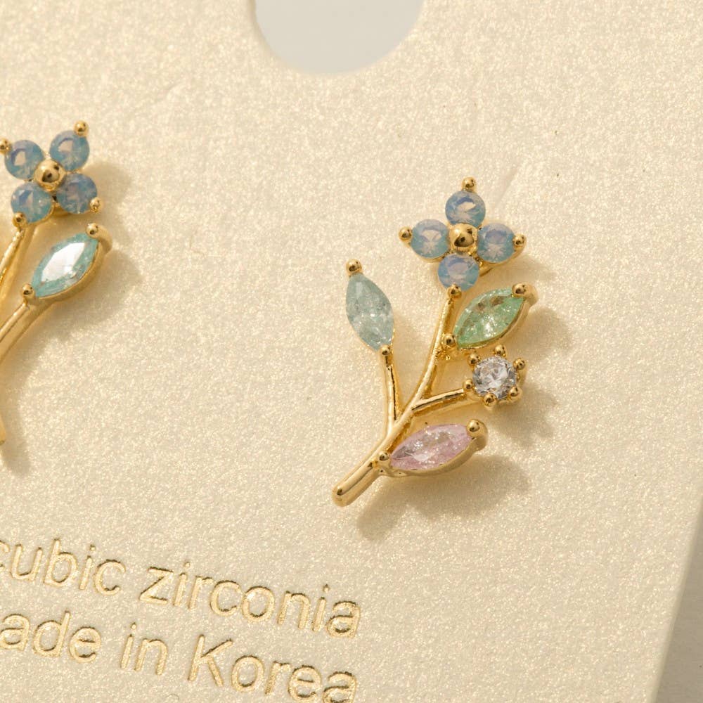 Gold Dipped Flower Leaf Cz Earrings