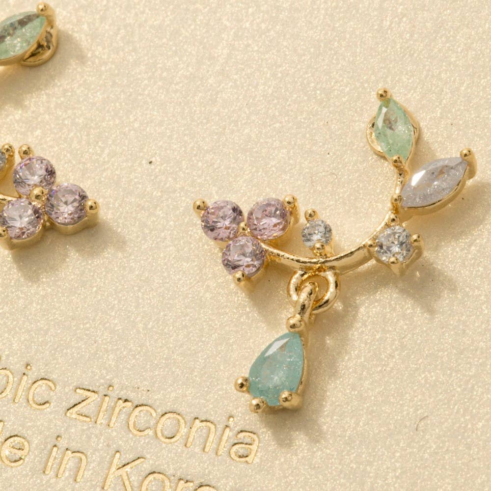 Gold Dipped Leaf And Flower Cz Earrings