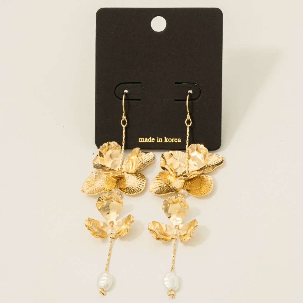 Layered Metallic Flowers And Pearl Dangle Earrings